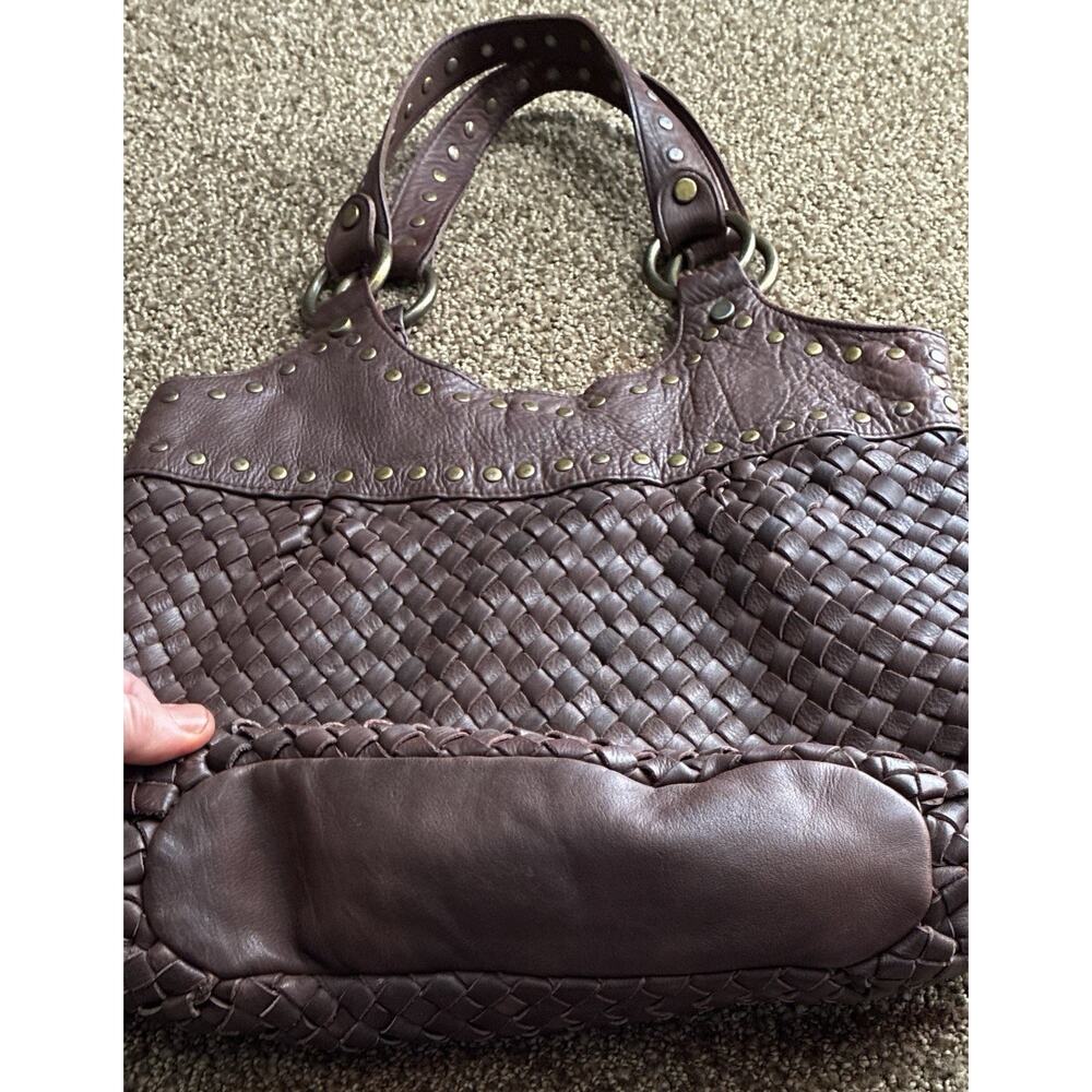 Vintage Brown Leather Basketweave Slouchy Studded Hobo Peasant Chic Dble Strap - Picture 3 of 7